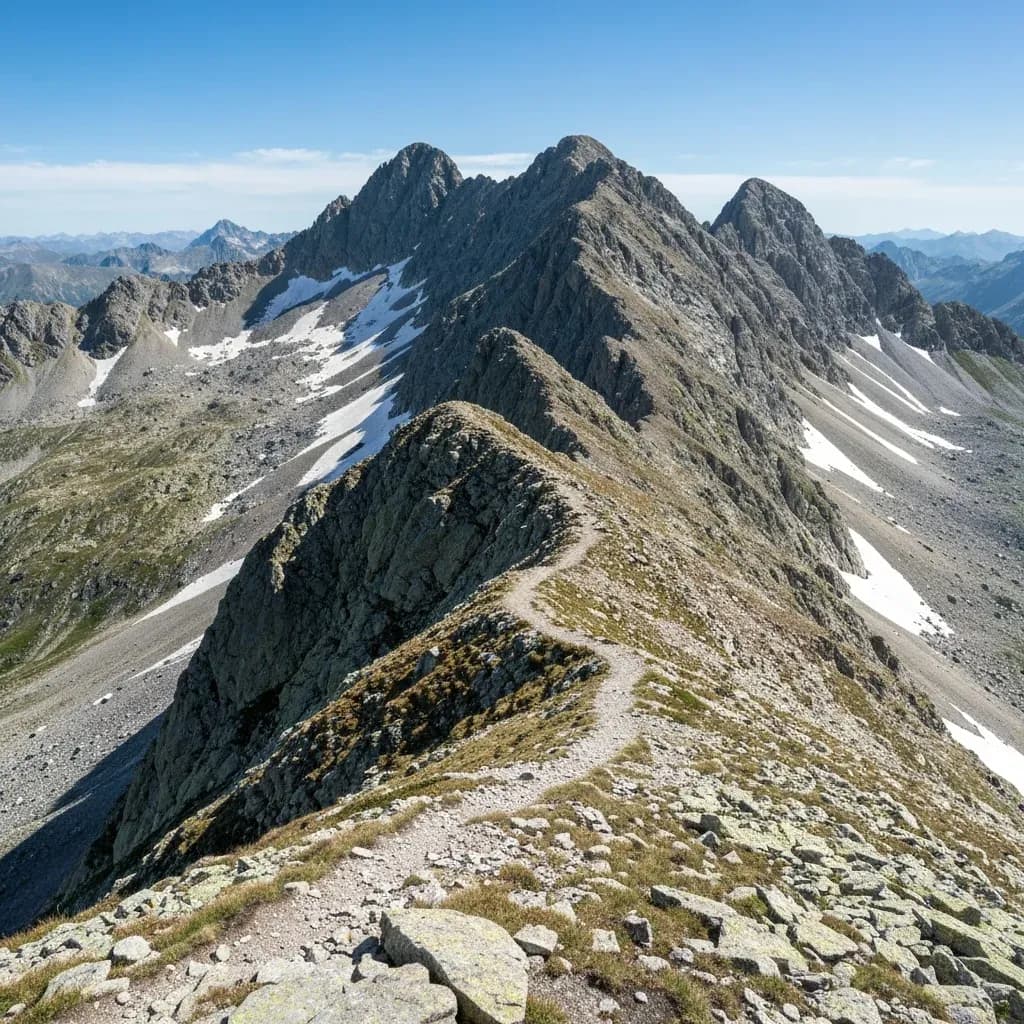 Cresta di granito con sentiero stretto nel gruppo dell'Adamello, tra Lombardia e Trentino