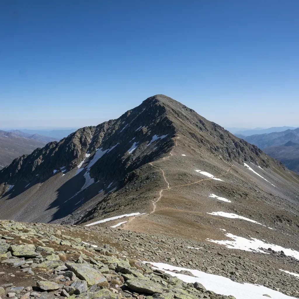 Sentiero che attraversa un colle alpino oltre i 3.000 metri, cielo pallido e aria rarefatta d'alta quota