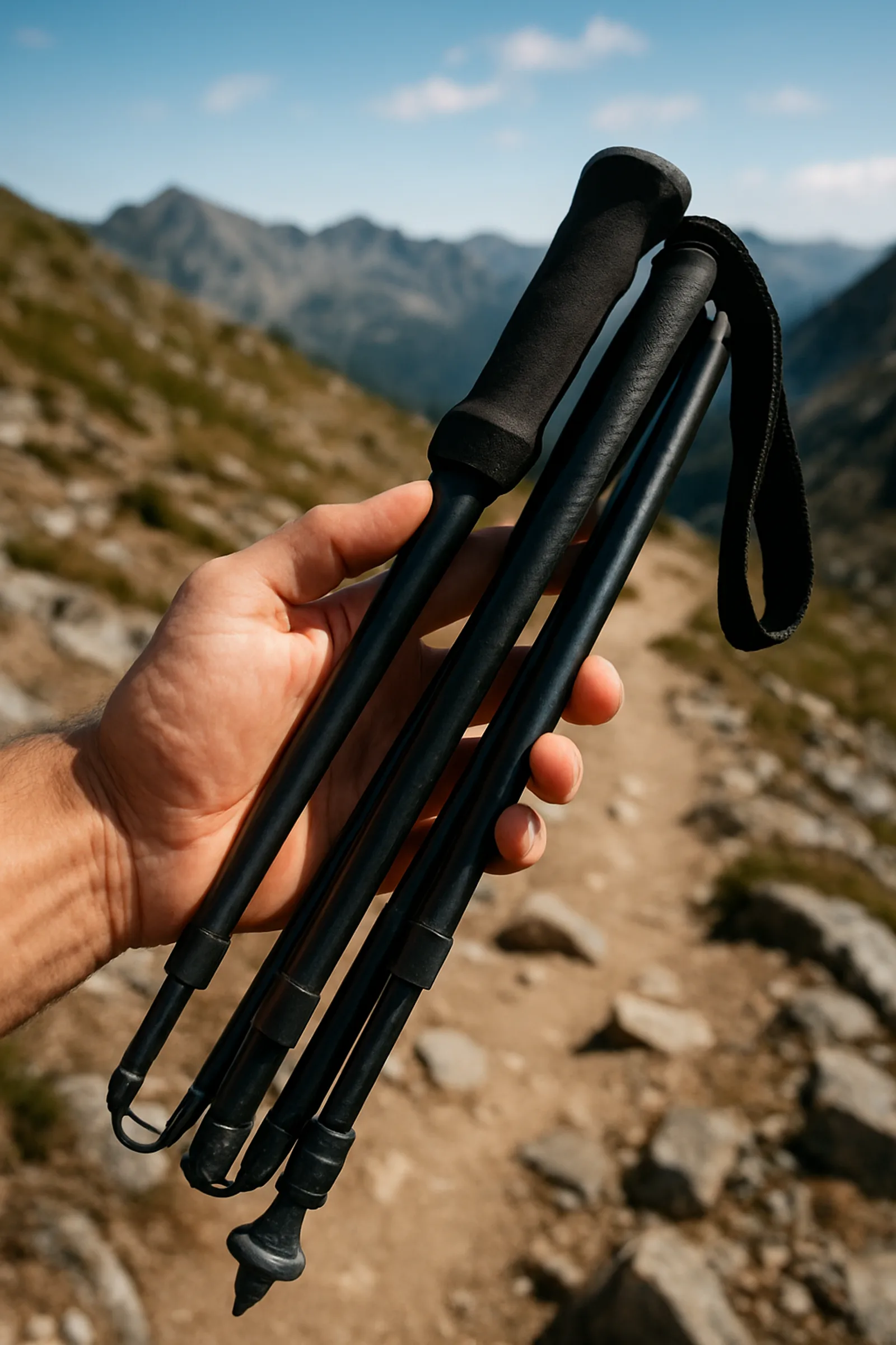 corridore che tiene bastoncini da trail pieghevoli in carbonio ripiegati, sullo sfondo un sentiero alpino roccioso
