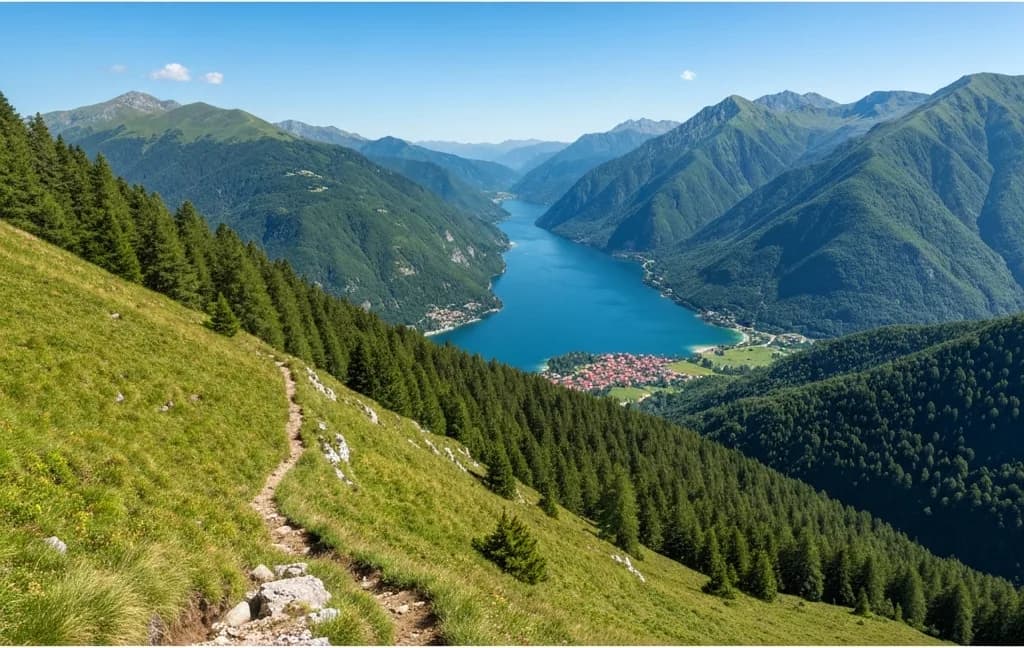 Sentiero di montagna che scende verso un lungo lago alpino circondato da montagne, con un piccolo abitato lacustre in lontananza