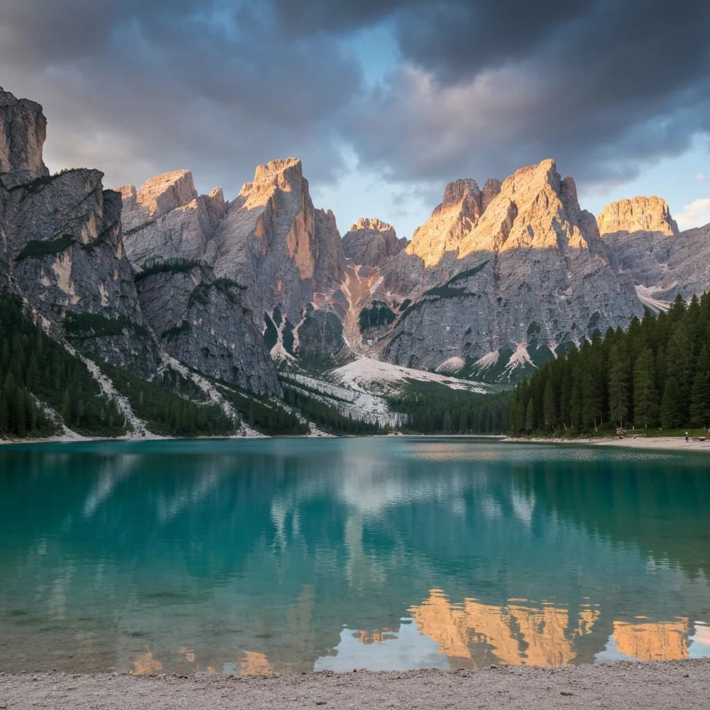 Guglie dolomitiche viste dalle rive di un lago alpino turchese al tramonto, Trentino (immagine illustrativa)