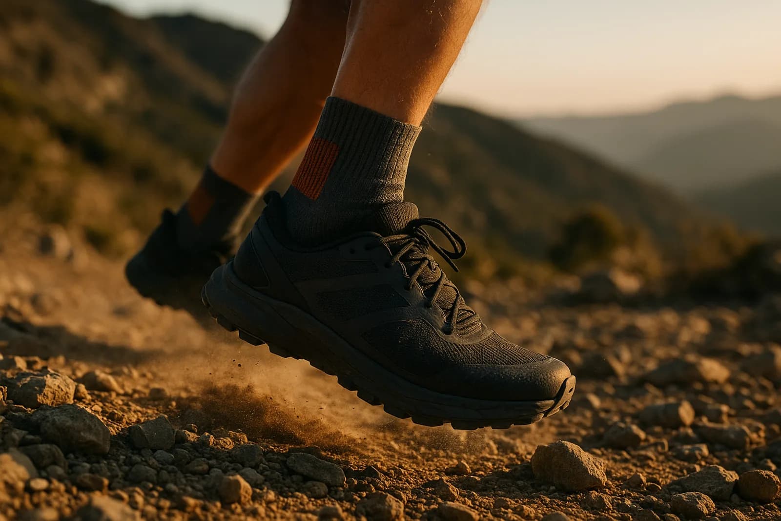 primo piano dei piedi di un corridore con calze tecniche da trail su un sentiero roccioso di montagna