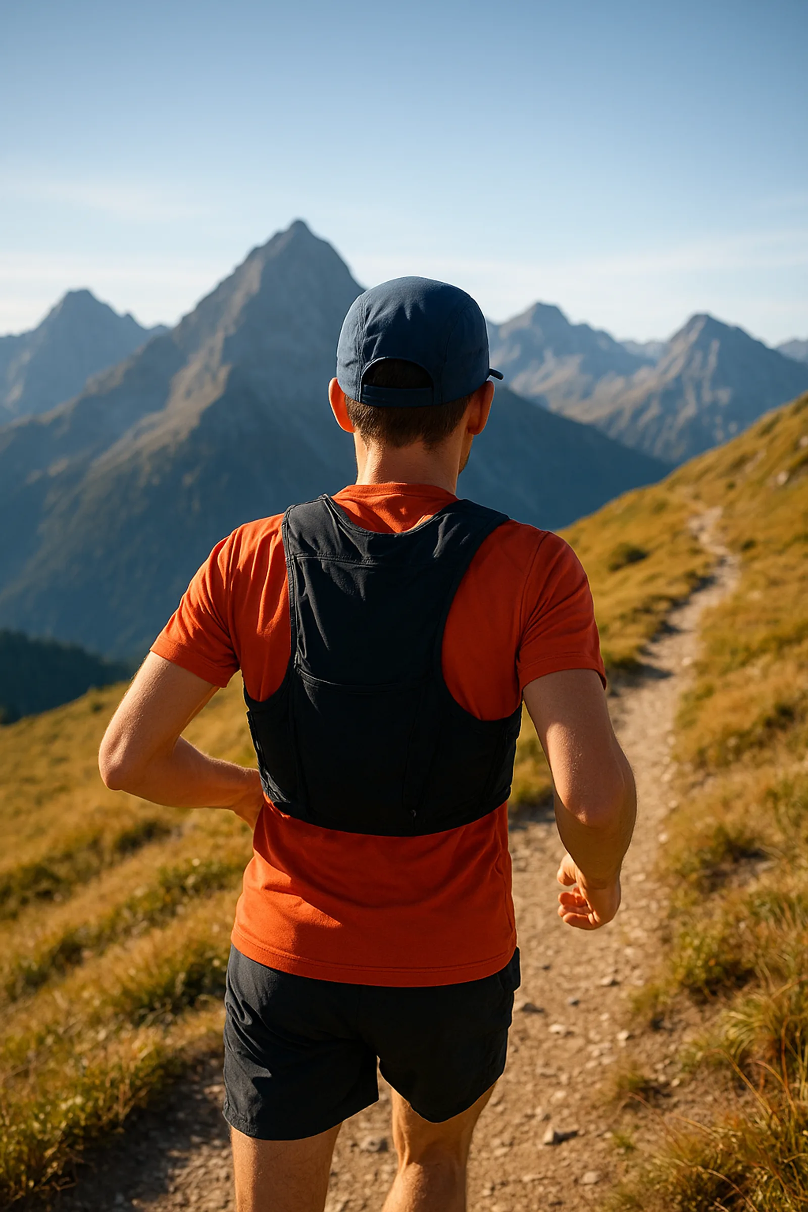 corridore di trail running con cappellino tecnico su una cresta alpina soleggiata
