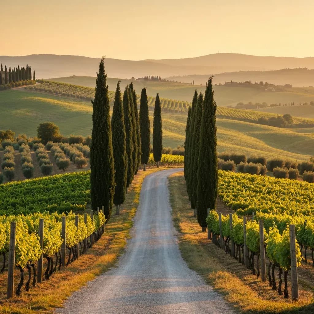 Strada sterrata fiancheggiata da cipressi tra vigneti e uliveti nelle colline del Chianti, Toscana