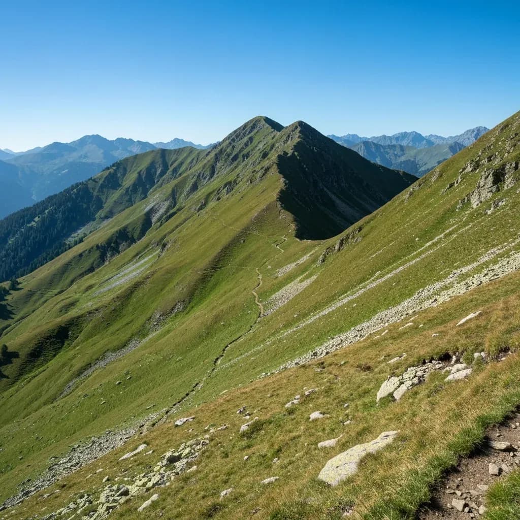 Sentiero stretto in discesa lungo un crinale erboso alpino, terreno tecnico per la tecnica di corsa in montagna