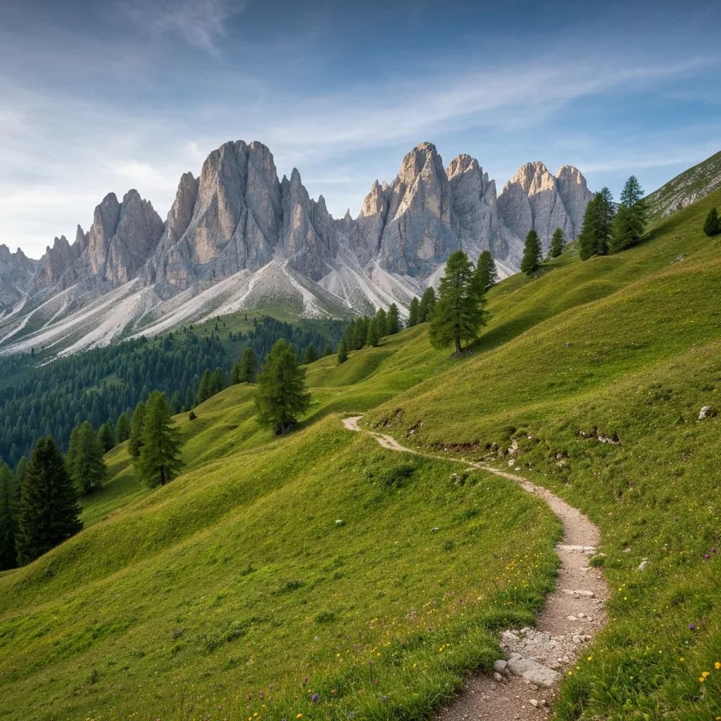 Sentiero sterrato che attraversa prati alpini in quota moderata, con cime dolomitiche sullo sfondo