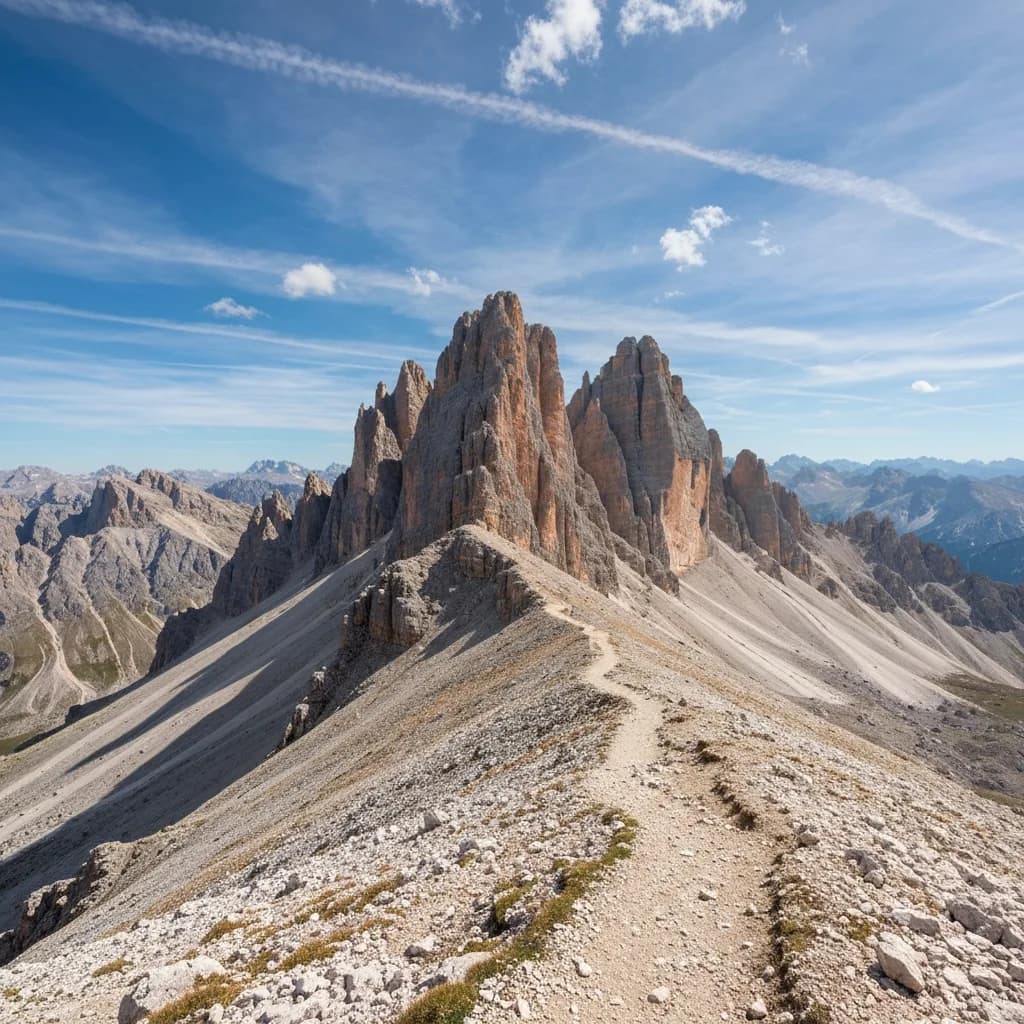 Cresta rocciosa d'alta quota con vista sulle guglie dolomitiche del gruppo del Sella, sentiero panoramico