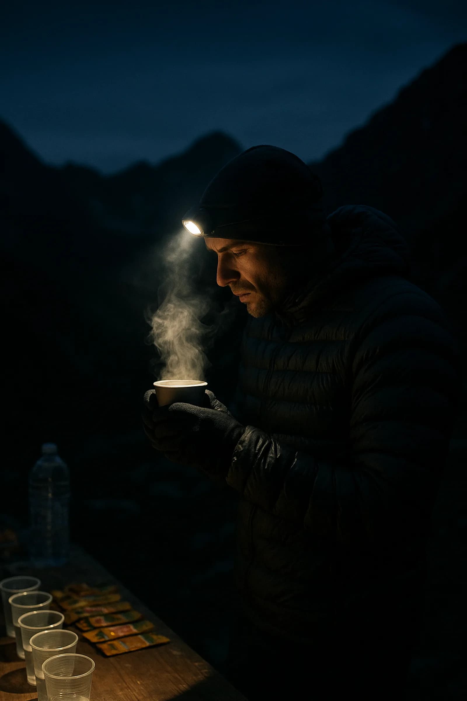 corridore avvolto in un piumino d'alpinismo a una base vita notturna, luce di una frontale