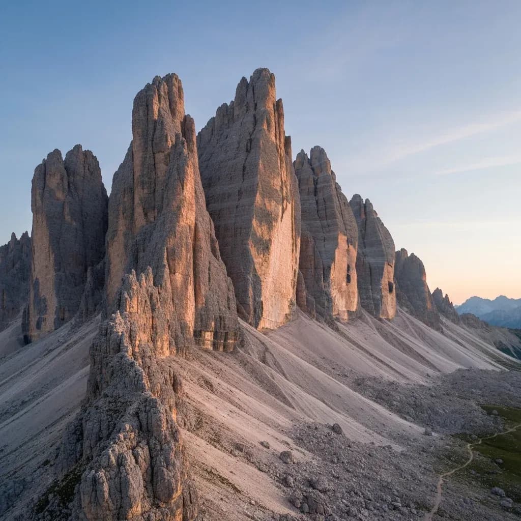 Guglie dolomitiche illuminate dal tramonto sopra un pietraio, terreno tecnico tipico della zona di Forno di Zoldo