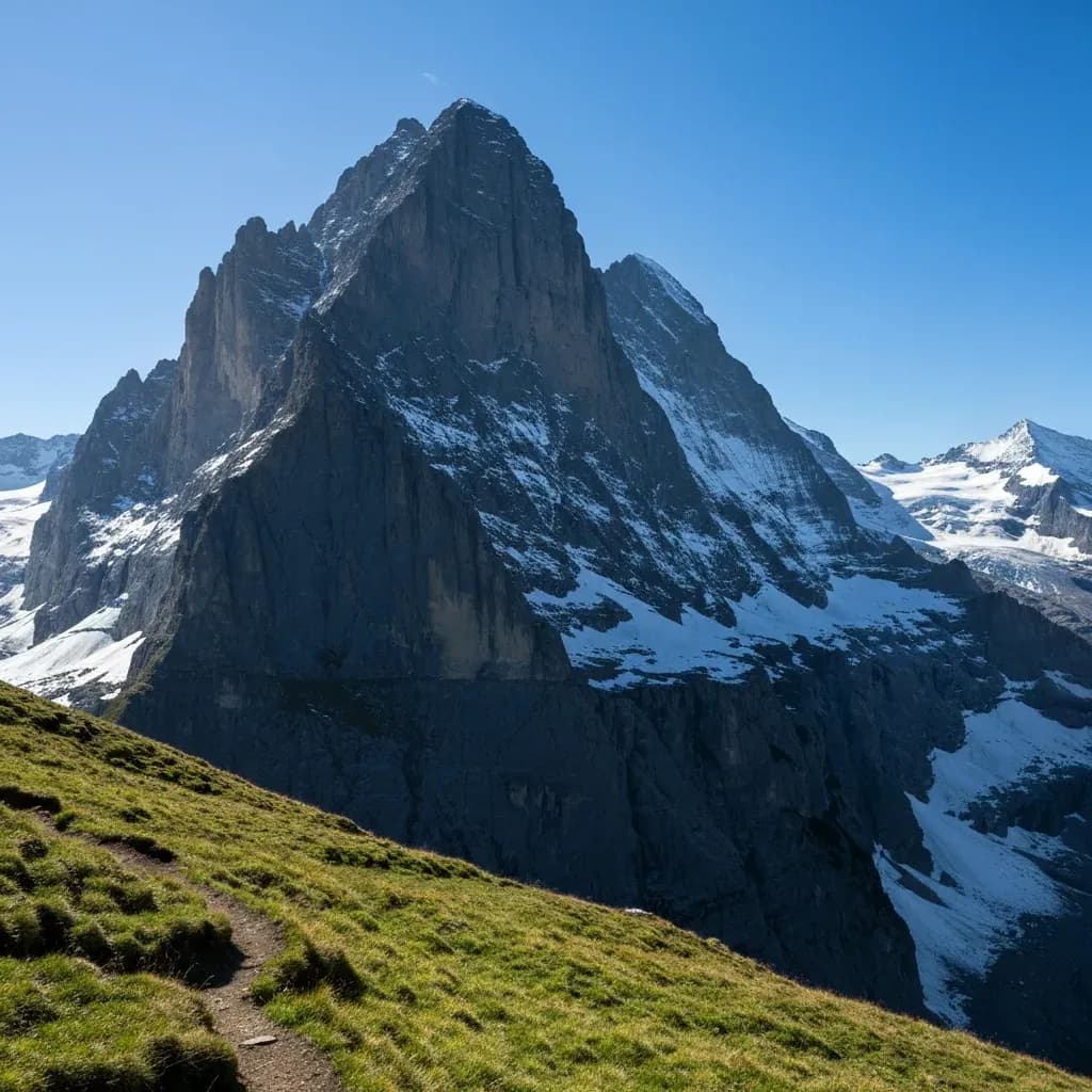 La parete nord dell'Eiger vista da un sentiero d'alta quota erboso, Alpi svizzere