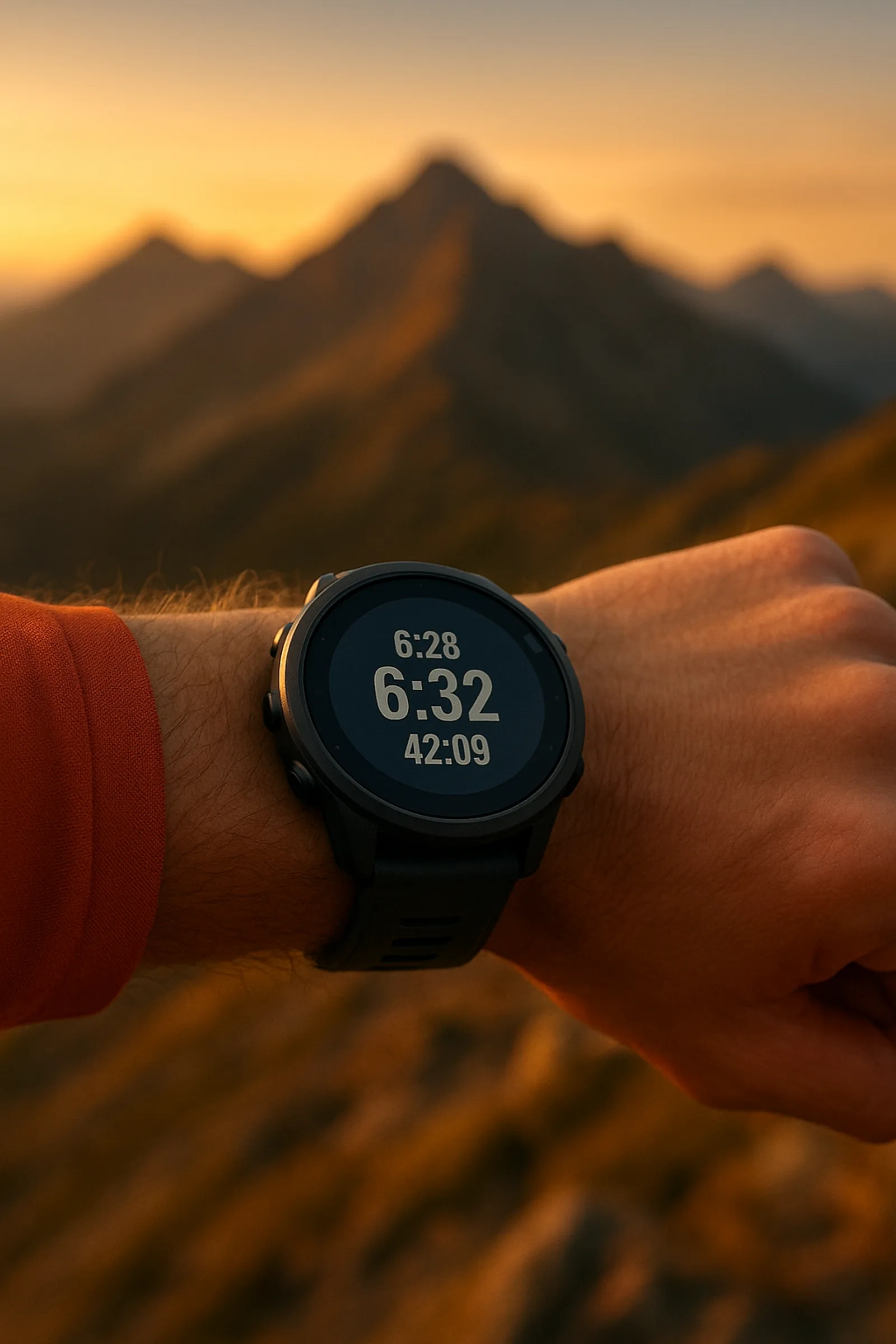 primo piano di un orologio GPS al polso di un corridore su una cresta di montagna
