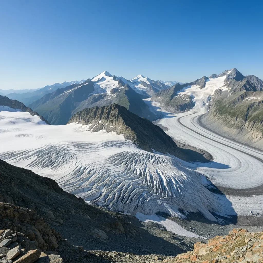 Ghiacciaio alpino e creste rocciose viste dall'alto, terreno di alta quota tipico delle grandi ultra trail italiane