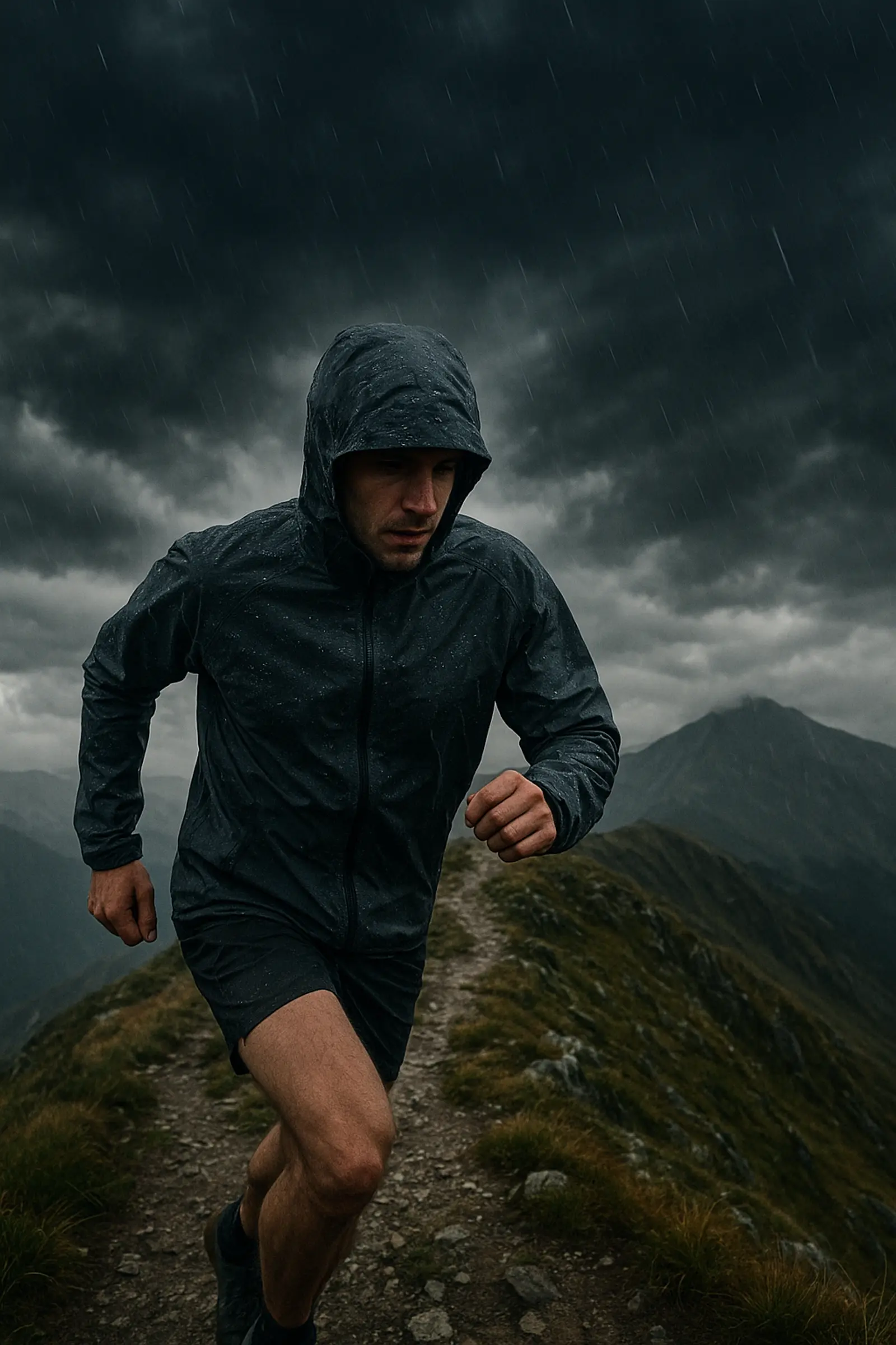 corridore con giacca impermeabile da trail sotto la pioggia su una cresta ventosa