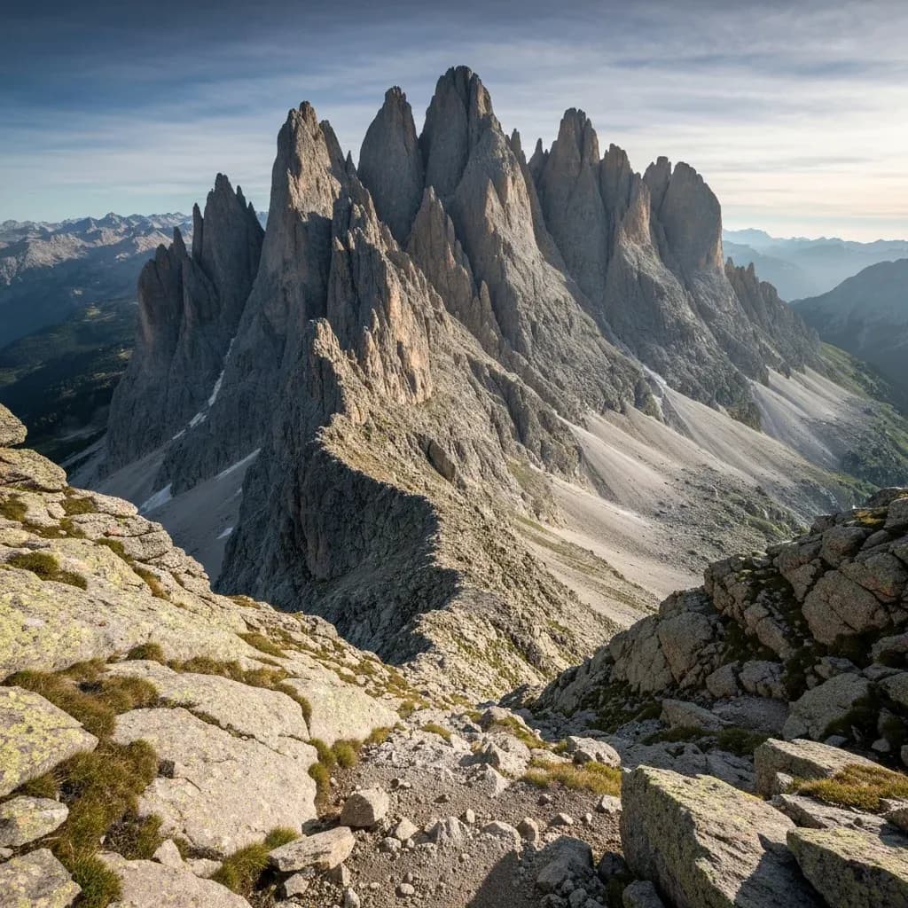 Guglie di roccia frastagliate viste da un sentiero tecnico d'alta quota sopra Courmayeur