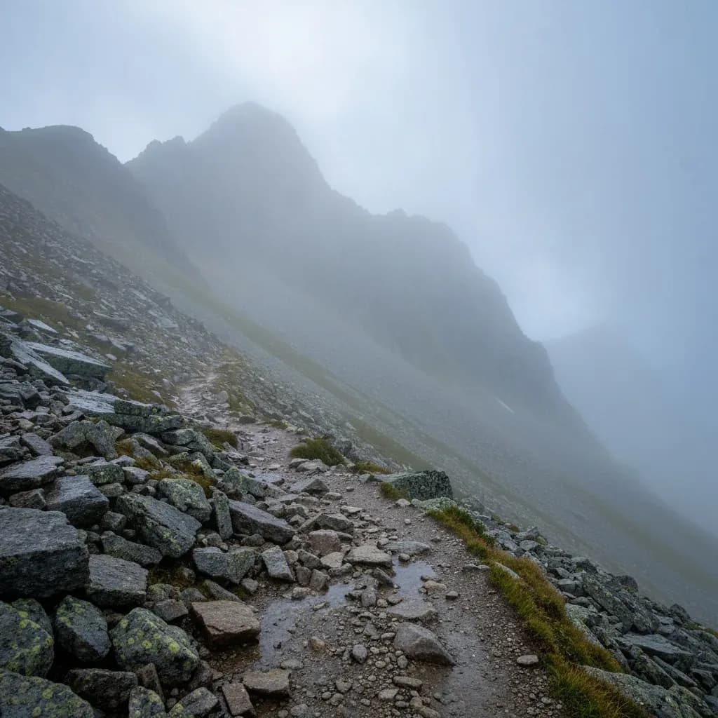 Sentiero roccioso avvolto da nebbia fitta e pioggia, condizioni fredde e umide tipiche del rischio ipotermia