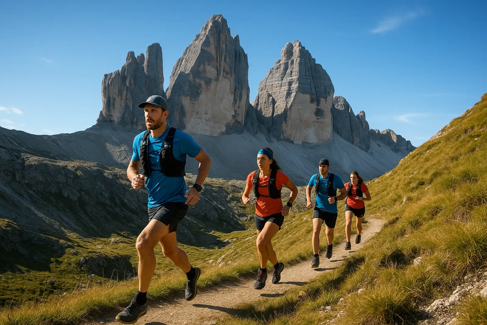 Corridori di ultra trail in fila su un sentiero di montagna soleggiato nelle Dolomiti, luce diurna