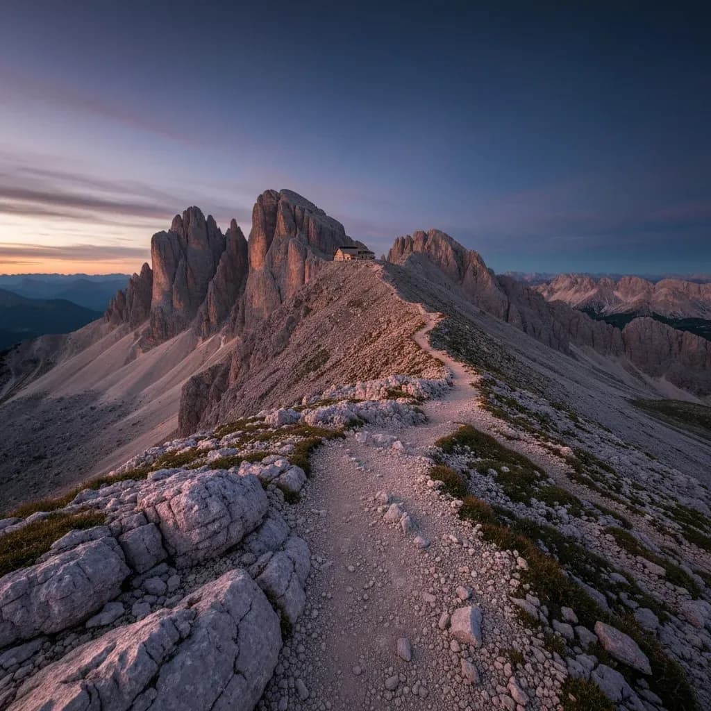 Cresta rocciosa dolomitica al tramonto con un rifugio in lontananza, tratto finale tipico della Lavaredo Ultra Trail
