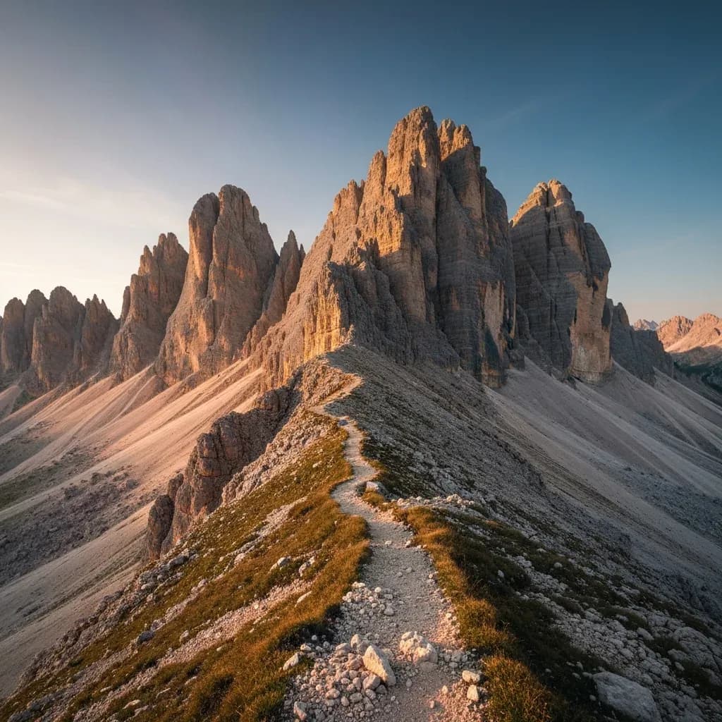 Sentiero di cresta tra guglie dolomitiche al tramonto, terreno tecnico lungo il percorso della Lavaredo Ultra Trail