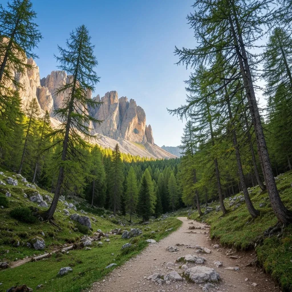 Sentiero forestale tra i larici con pareti dolomitiche sullo sfondo, tratto boschivo tipico del percorso della Lavaredo Ultra Trail