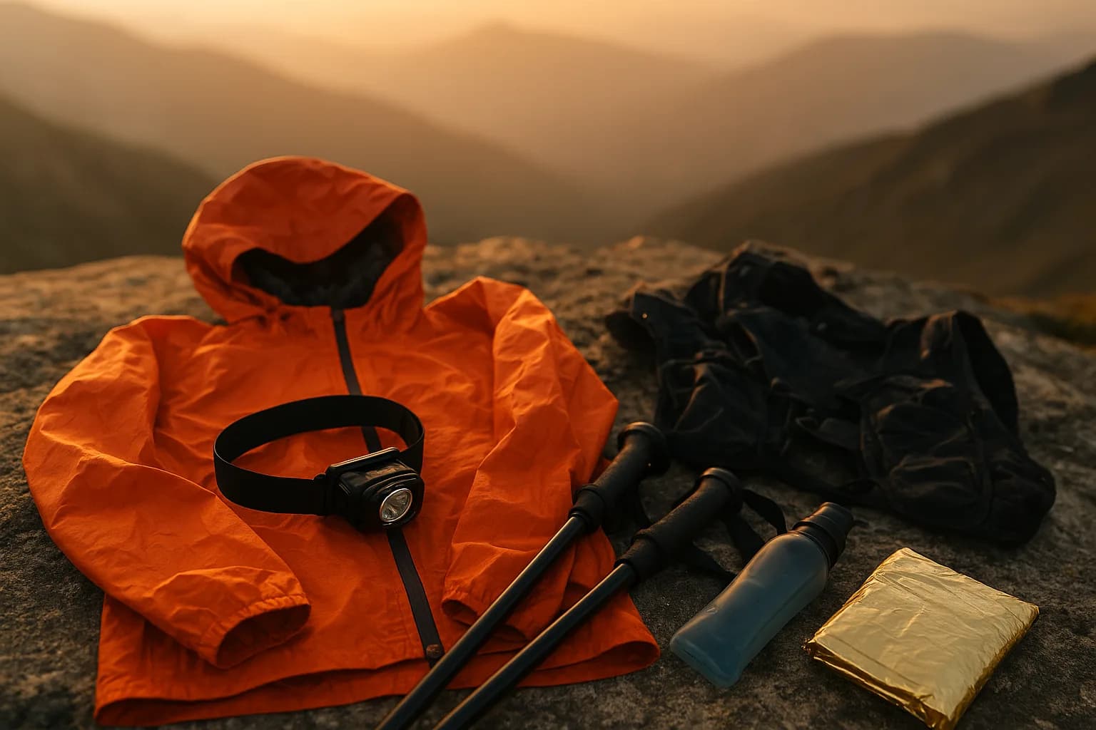 Kit obbligatorio da ultra trail disposto su una roccia al tramonto: giacca impermeabile, frontale, bastoncini, borraccia e coperta di sopravvivenza