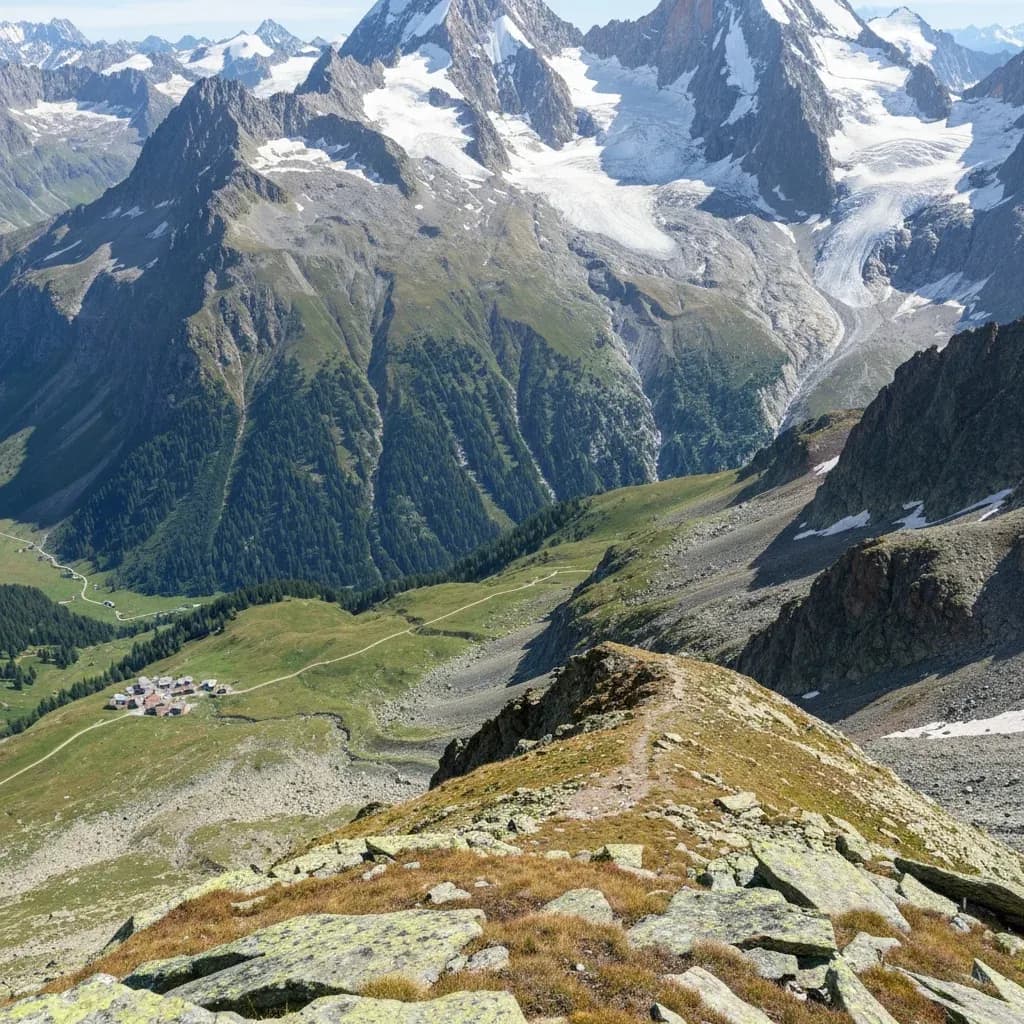 Massiccio del Monte Rosa glaciale visto da un sentiero di cresta, con un villaggio alpino nel fondovalle