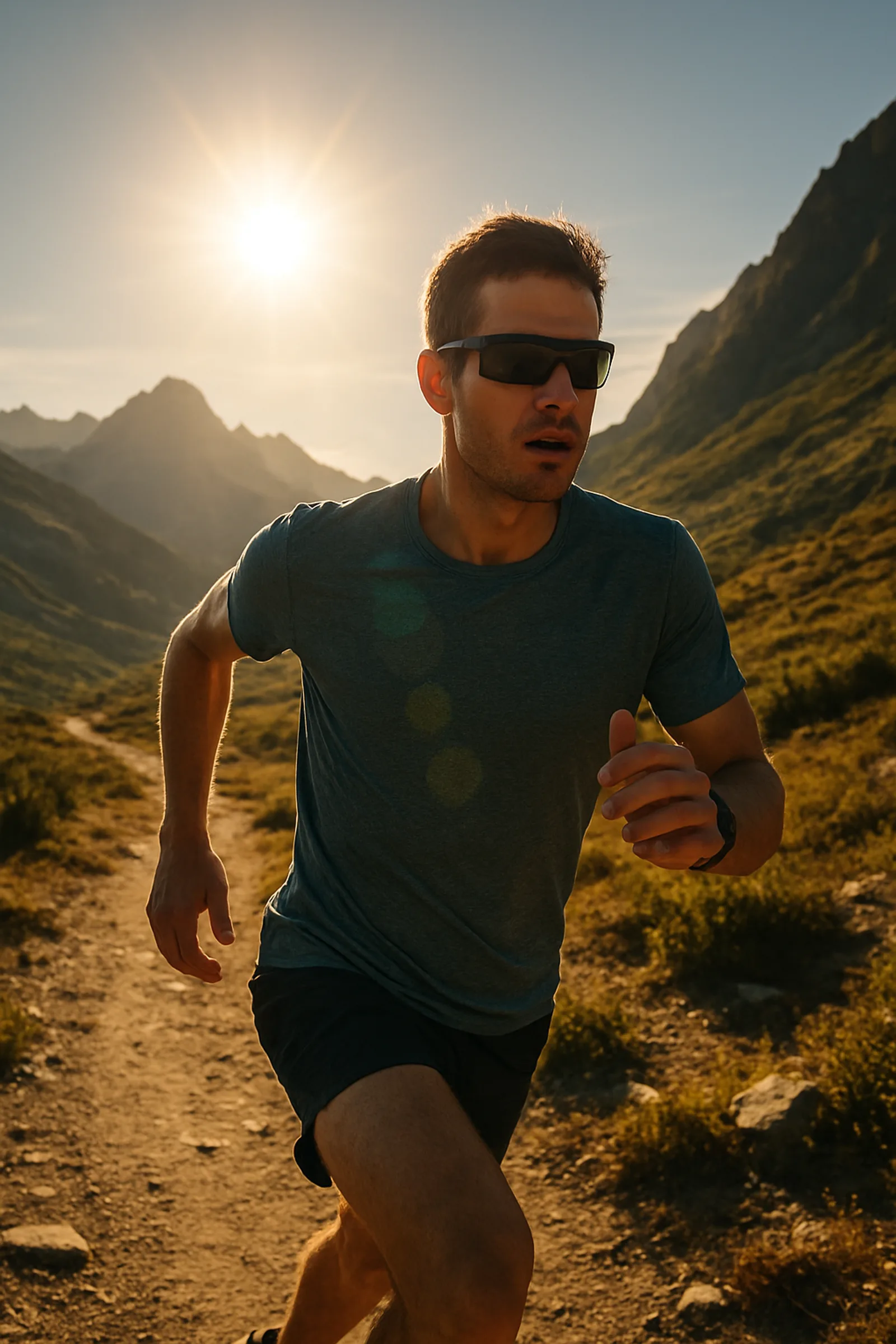 corridore con occhiali da sole tecnici in controluce su un sentiero alpino soleggiato