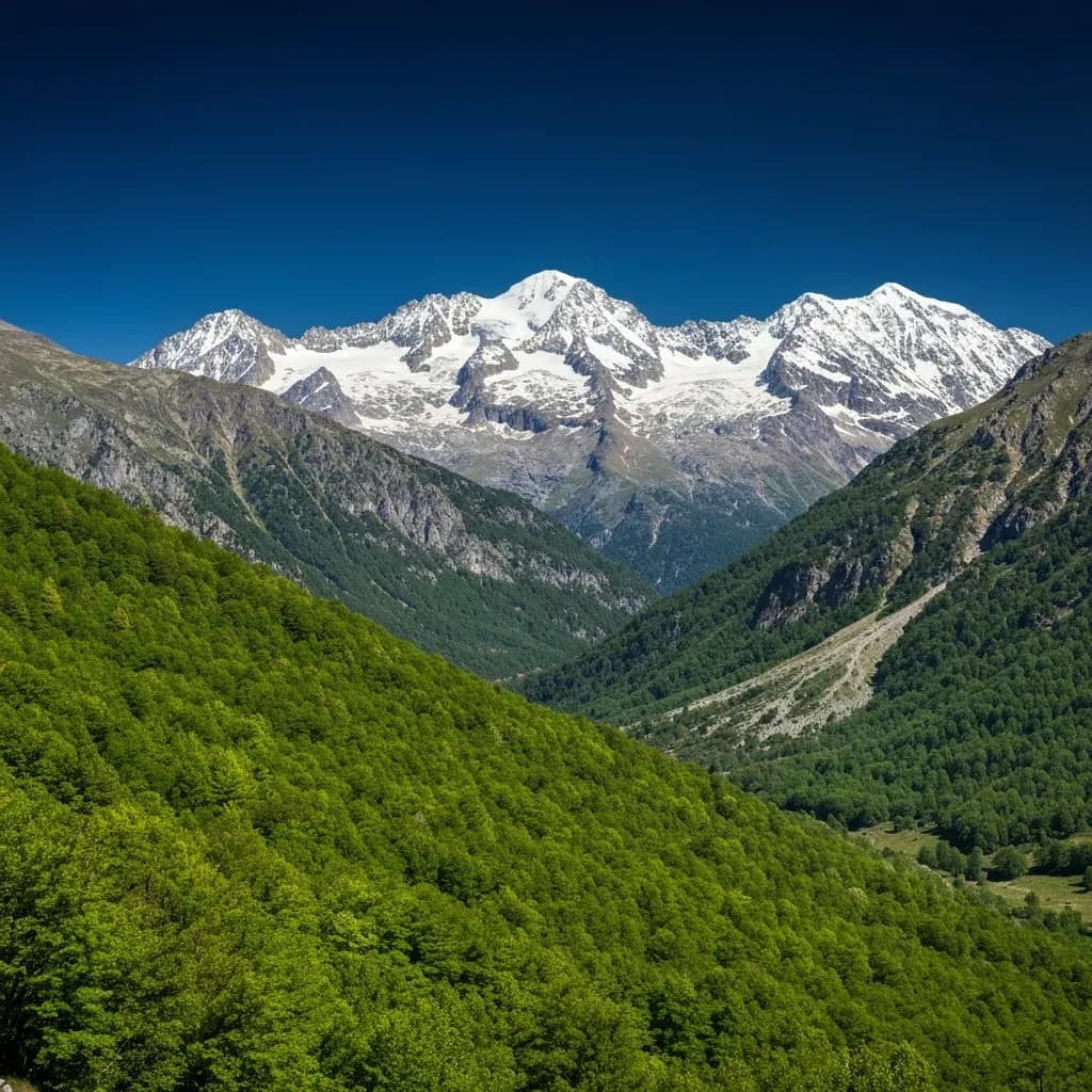 Vallata boscosa delle Alpi Orobie bergamasche con vette innevate sullo sfondo