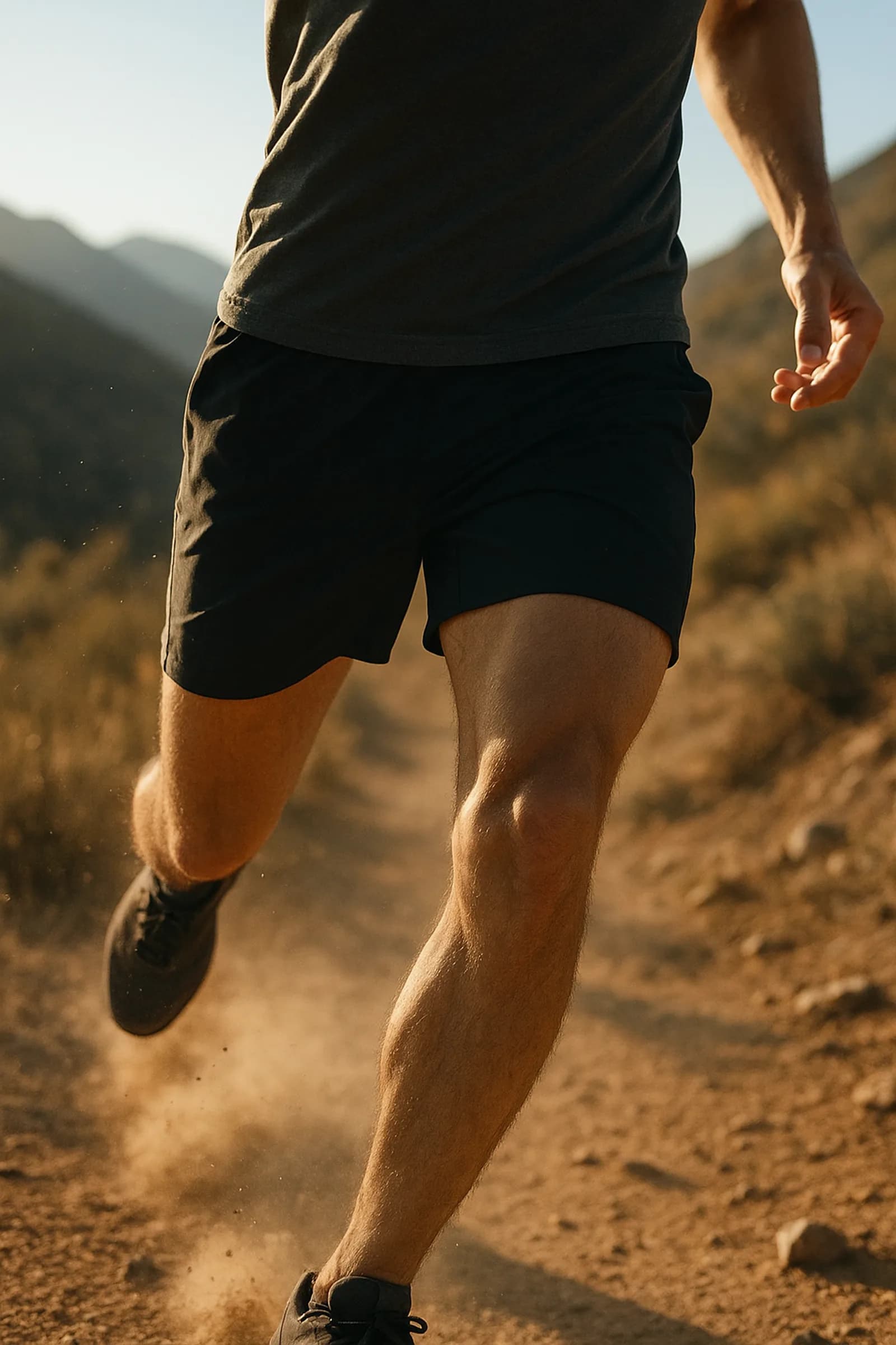 primo piano di pantaloncini da trail running con tasca laterale, corridore in movimento su sentiero polveroso