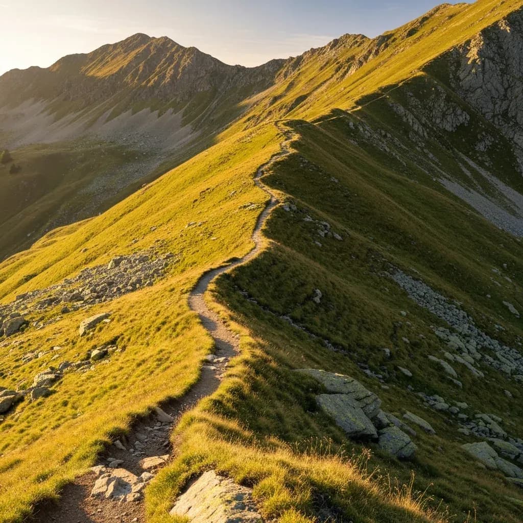 Sentiero di crinale erboso in salita nelle Alpi italiane al tramonto, terreno tipico dell'allenamento specifico per l'ultra trail