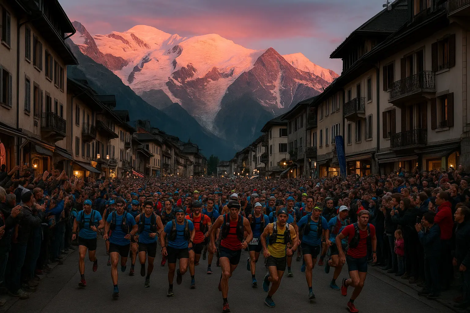 Partenza di massa dei corridori a Chamonix al crepuscolo, con il massiccio del Monte Bianco illuminato di rosa sullo sfondo