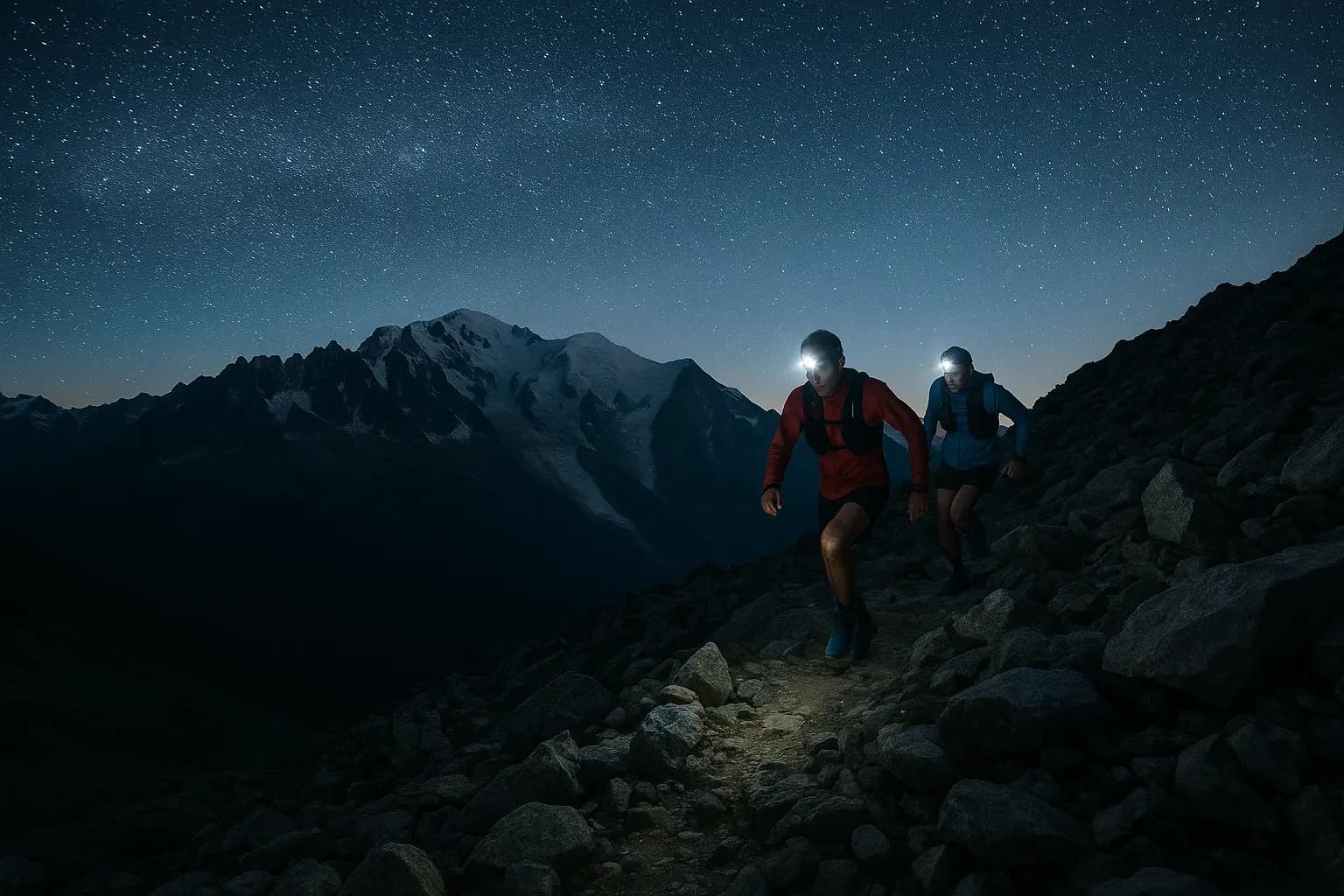 Due concorrenti del PTL con frontali avanzano in notturna su una cresta rocciosa non segnalata, con il massiccio del Monte Bianco sullo sfondo stellato