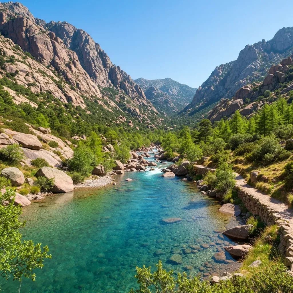 Torrente turchese tra rocce di granito rosa nelle gole della Restonica, Corsica