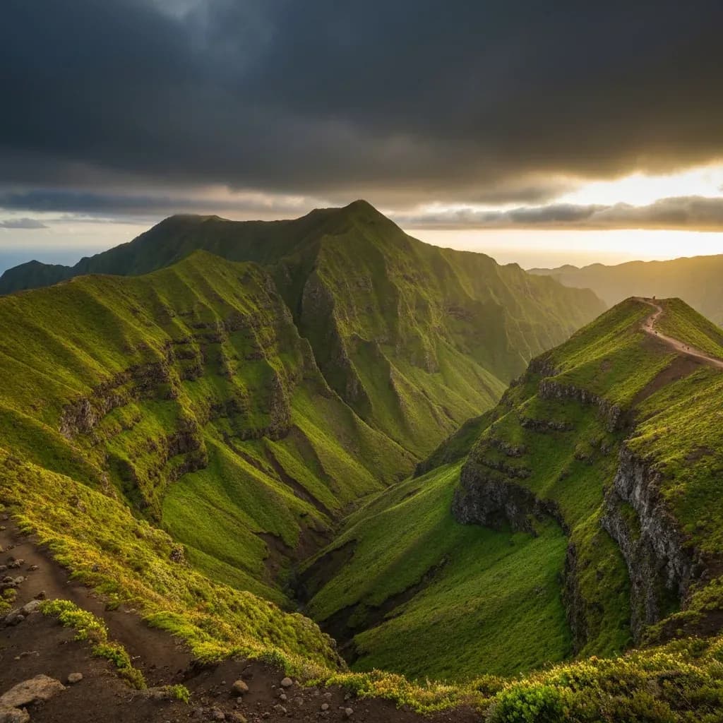 Cirque vulcanico verdissimo dell'isola de la Réunion con sentiero di cresta, nuvole drammatiche al tramonto