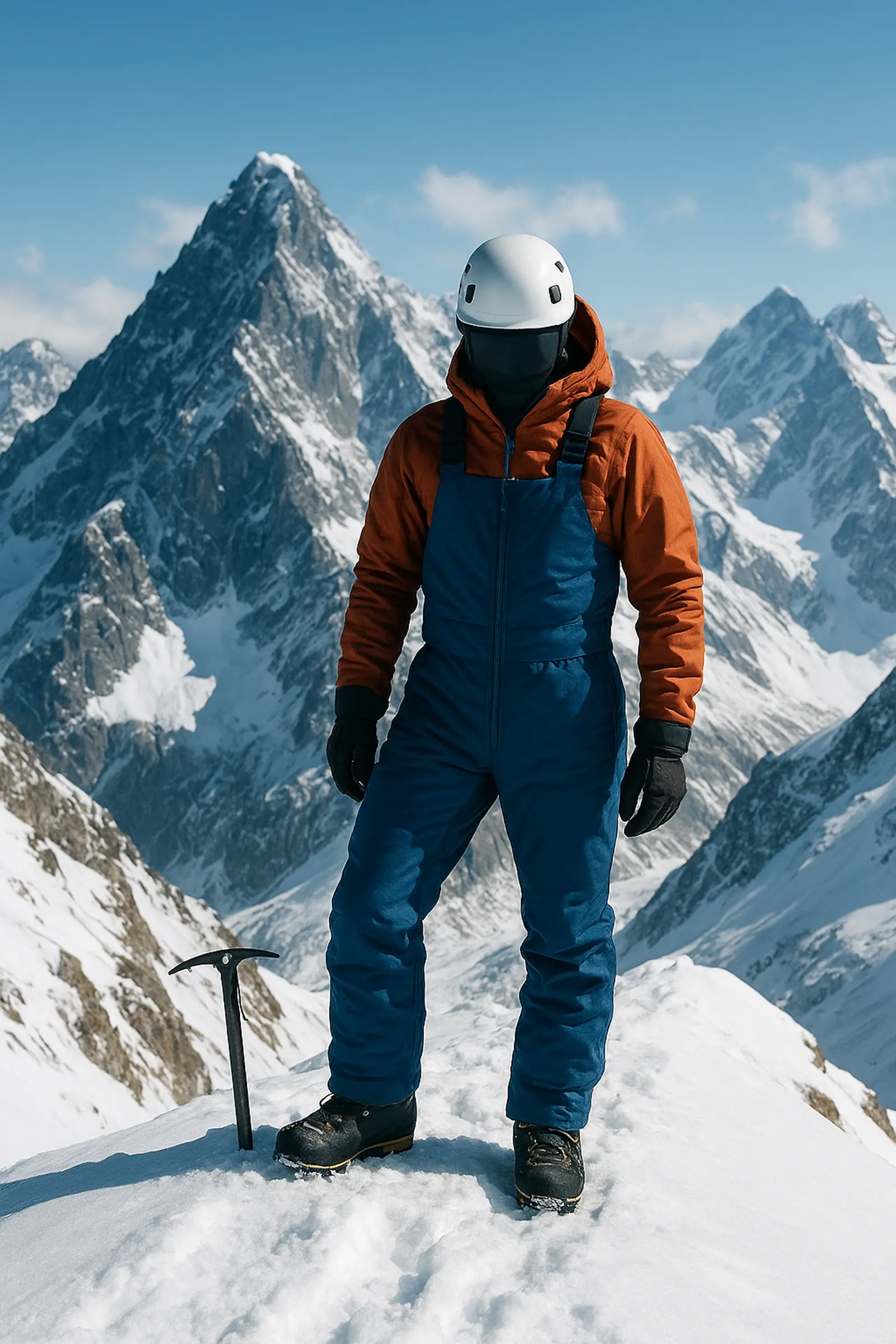 alpinista con salopette da alpinismo su un terreno innevato d'alta quota