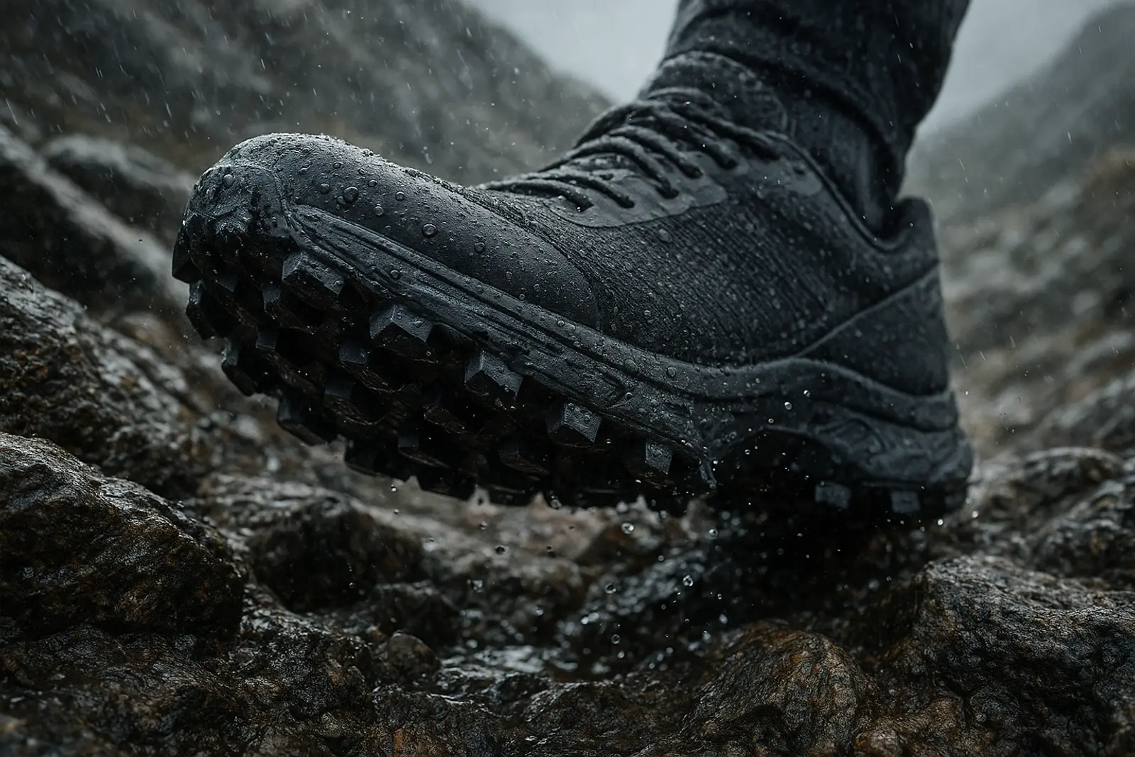 primo piano della suola tassellata di una scarpa da trail running che si conficca su terreno roccioso bagnato