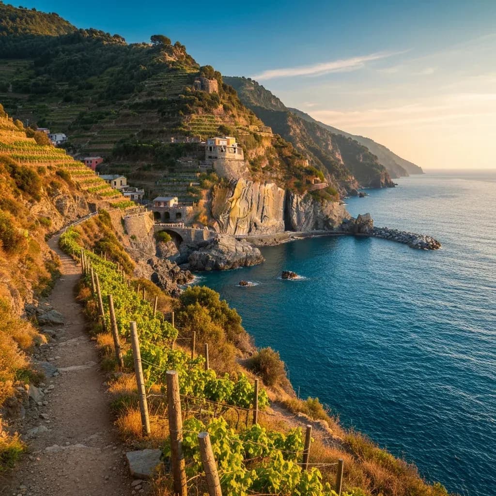 Sentiero costiero a picco sul mare tra vigneti terrazzati, Cinque Terre, Liguria