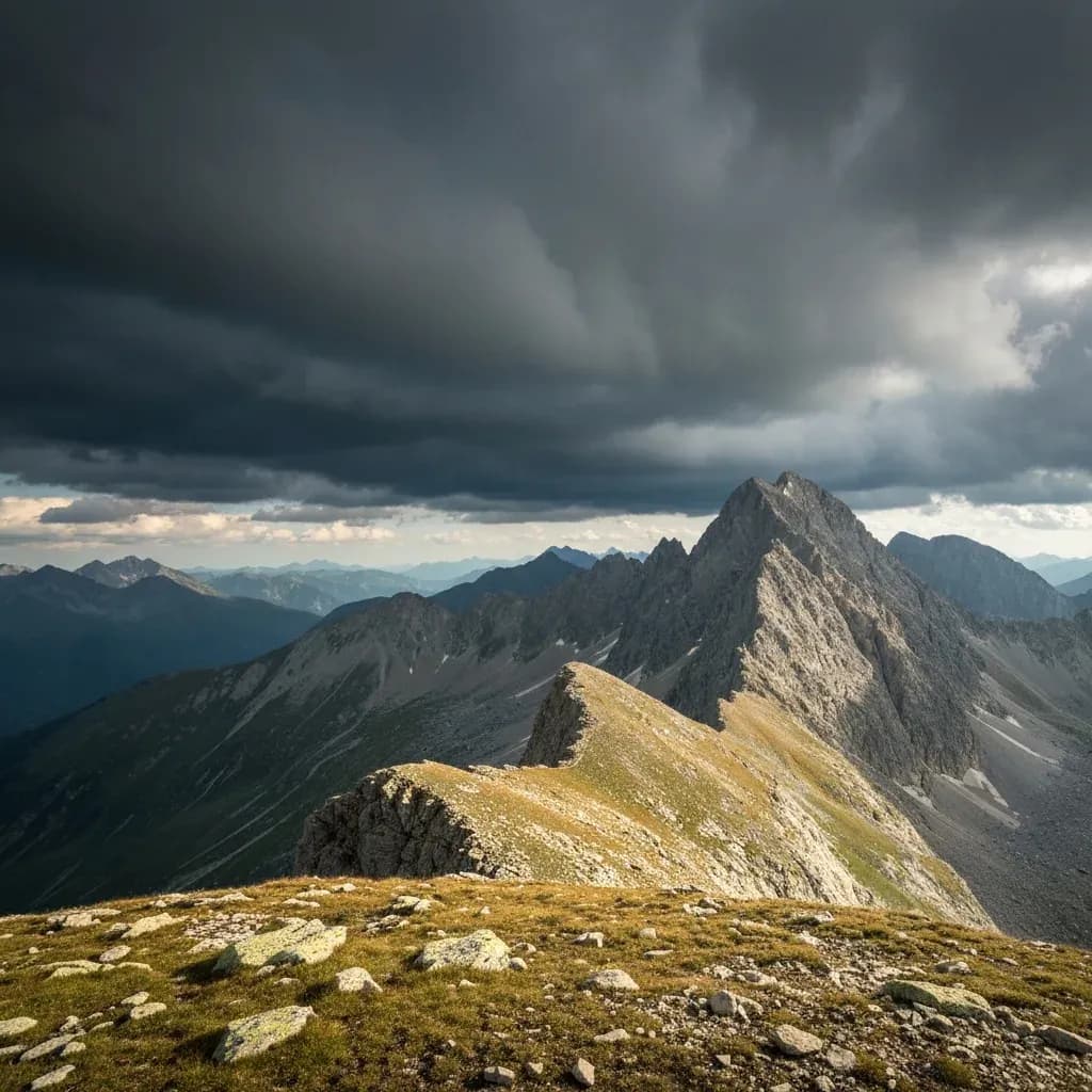 Nubi temporalesche scure che avanzano su una cresta alpina, il meteo che cambia rapidamente in alta quota