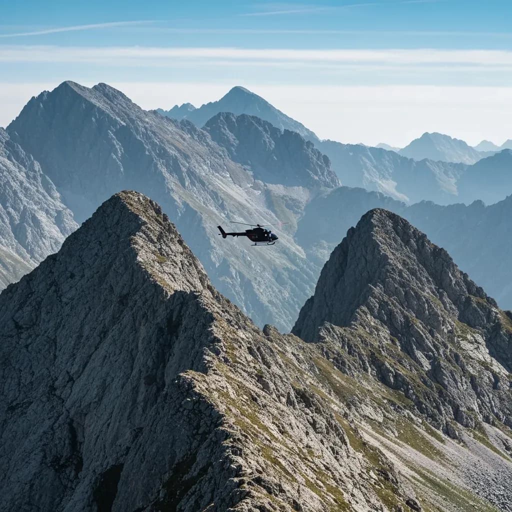 Elicottero non identificato in volo tra creste rocciose alpine, immagine illustrativa del soccorso in montagna