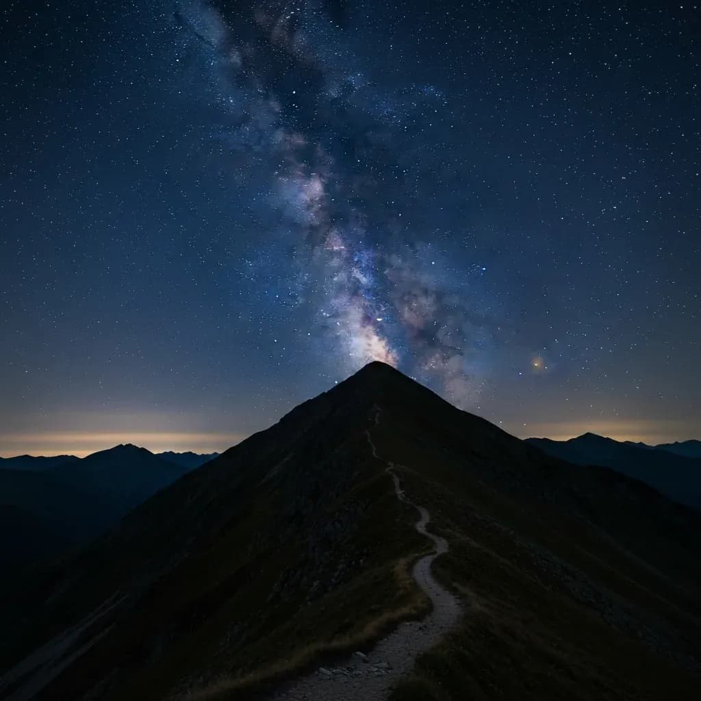 Cielo stellato con la Via Lattea sopra una cresta di montagna silhouette, sentiero visibile al chiaro di luna
