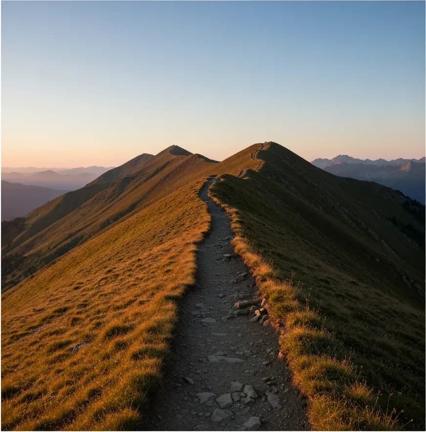 Sentiero di cresta alpino che si allunga verso vette lontane all'alba, immagine simbolica dell'evoluzione dell'ultra-trail