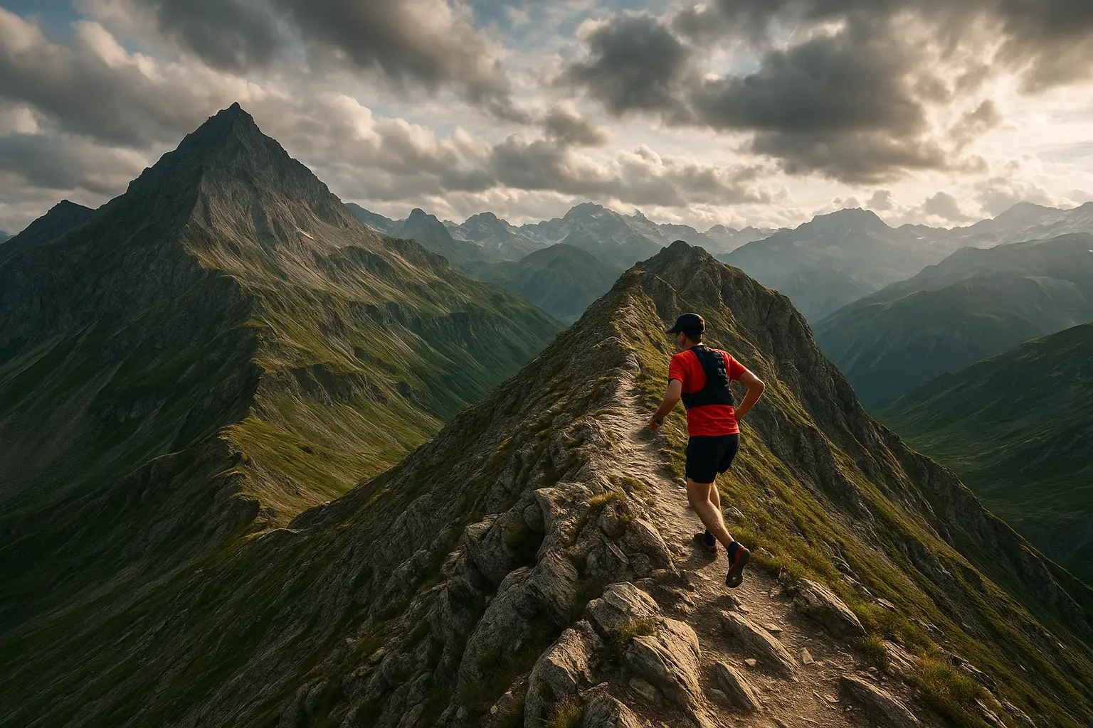 Corridore solitario su una cresta rocciosa del massiccio del Beaufortain, Alpi della Savoia, cielo drammatico