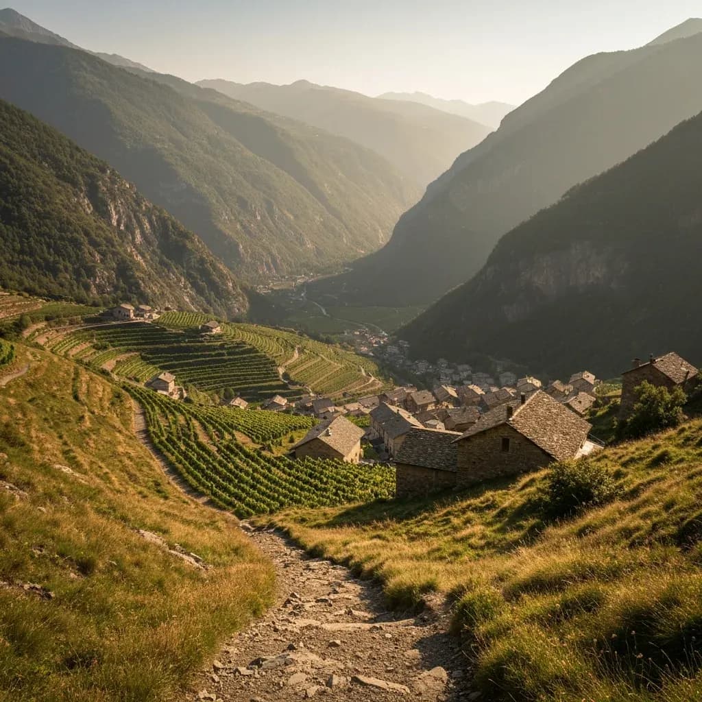 Sentiero in discesa verso un borgo di montagna con vigneti terrazzati sul fondovalle, il tipo di calo di quota che caratterizza Donnas