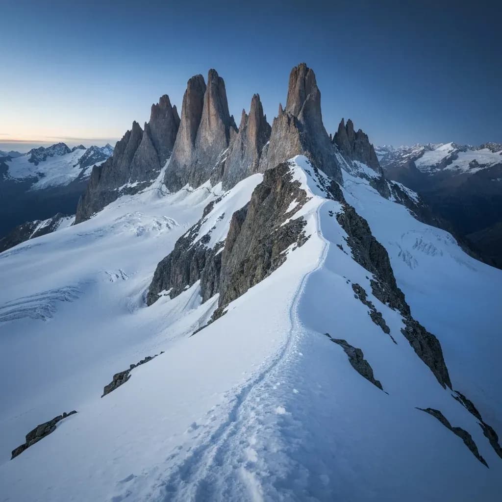 Cresta rocciosa glaciale d'alta quota con guglie innevate, terreno estremo tipico del Tor des Glaciers