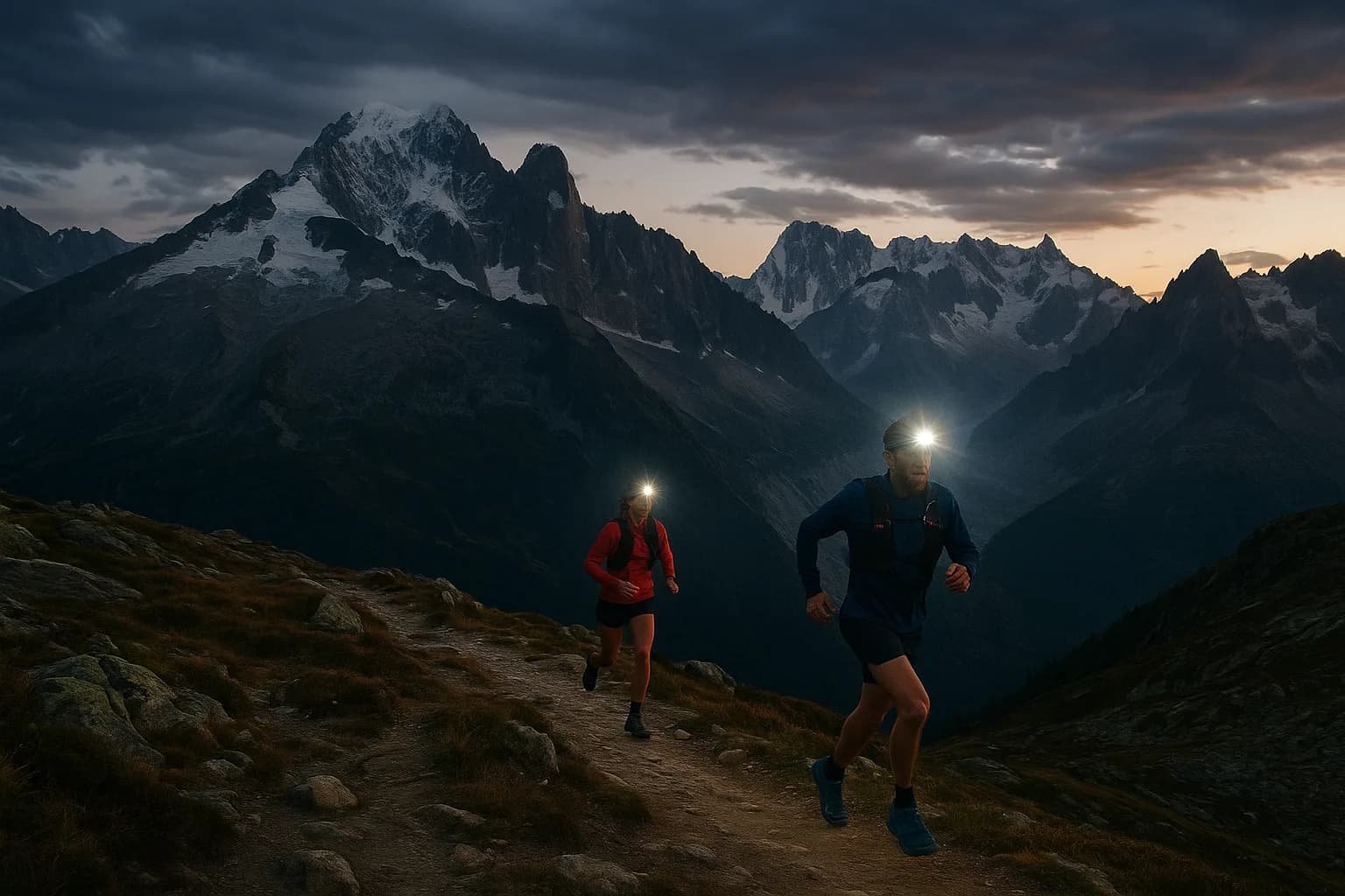 Corridori di ultra-trail con frontali accesi al crepuscolo su un sentiero d'alta quota vicino al massiccio del Monte Bianco