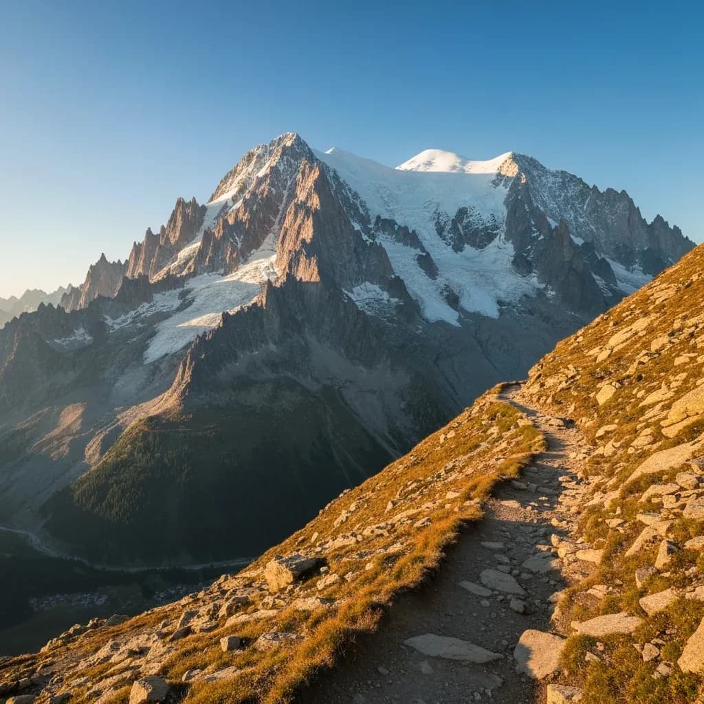 Sentiero panoramico d'alta quota con vista sul massiccio del Monte Bianco innevato, versante italiano