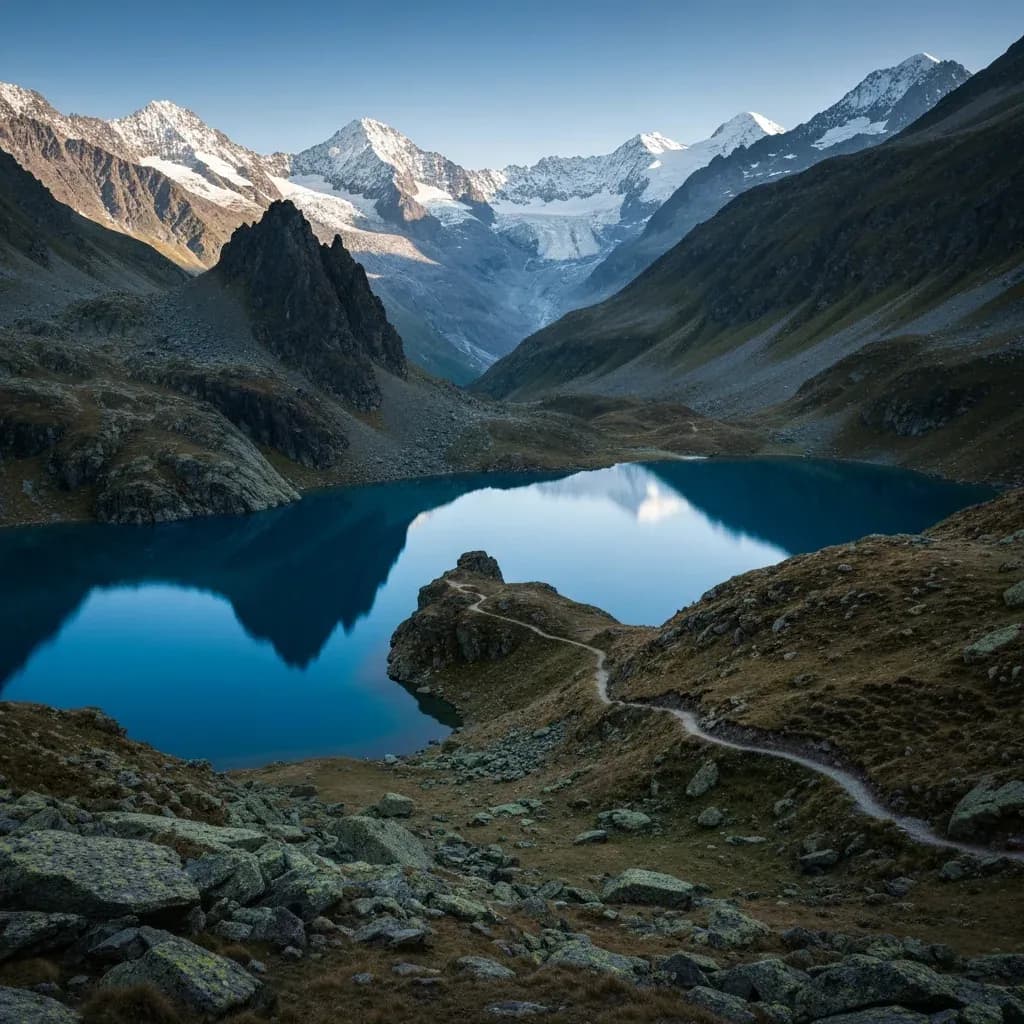 Lago alpino con acqua turchese e ghiacciai del massiccio del Bernina sullo sfondo, Valmalenco