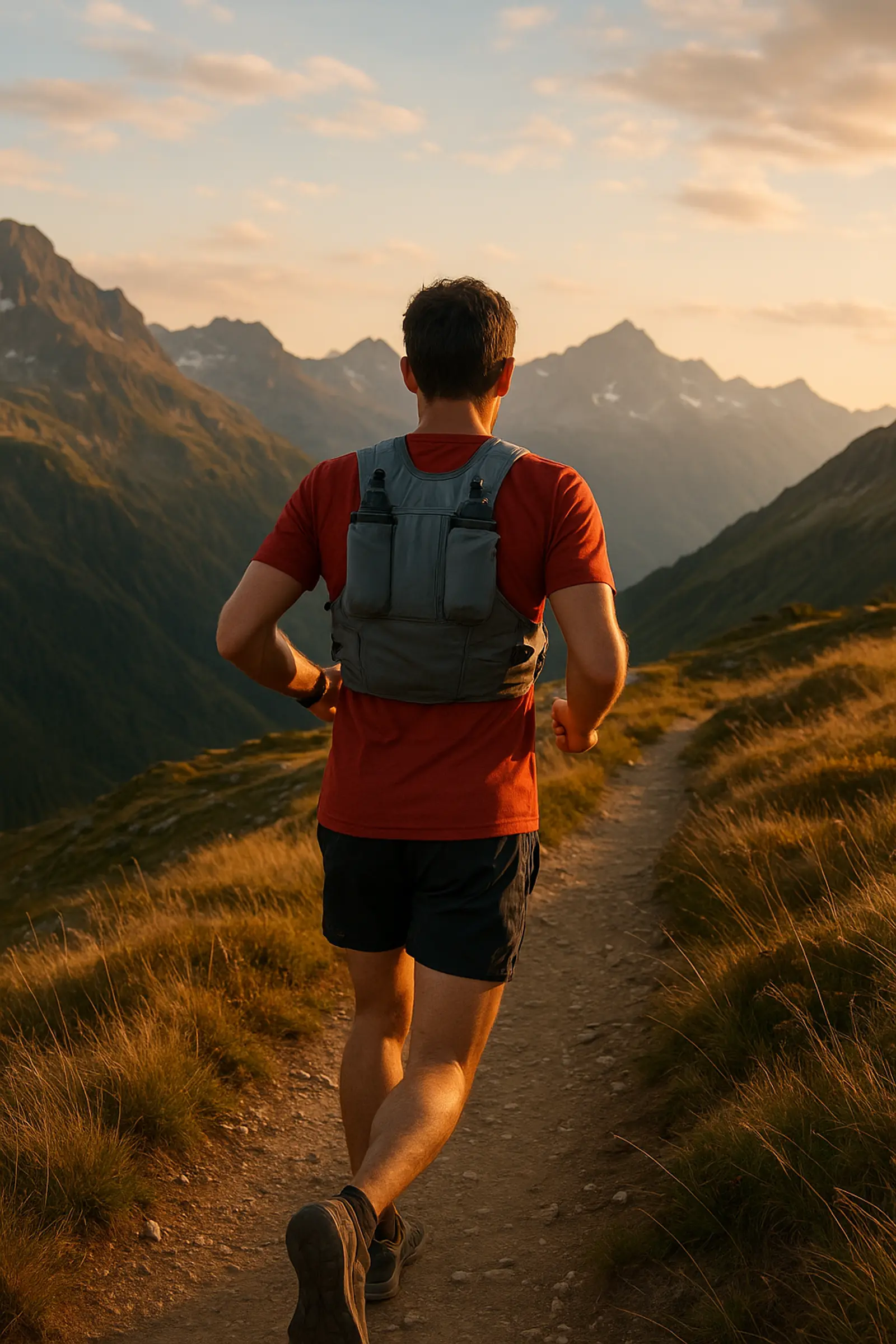 corridore visto da dietro con zaino da trail running su una cresta alpina panoramica